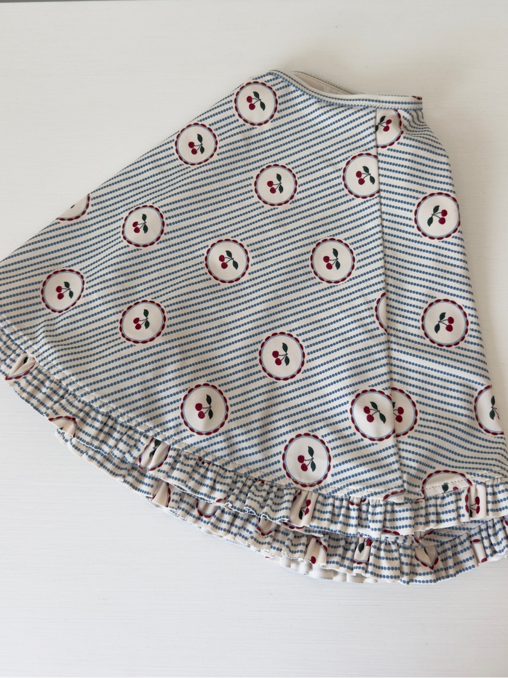 Konges Sløjd Striped Blue and Cream Cherry Print Ruffle Hem Swim Cover Up Skirt